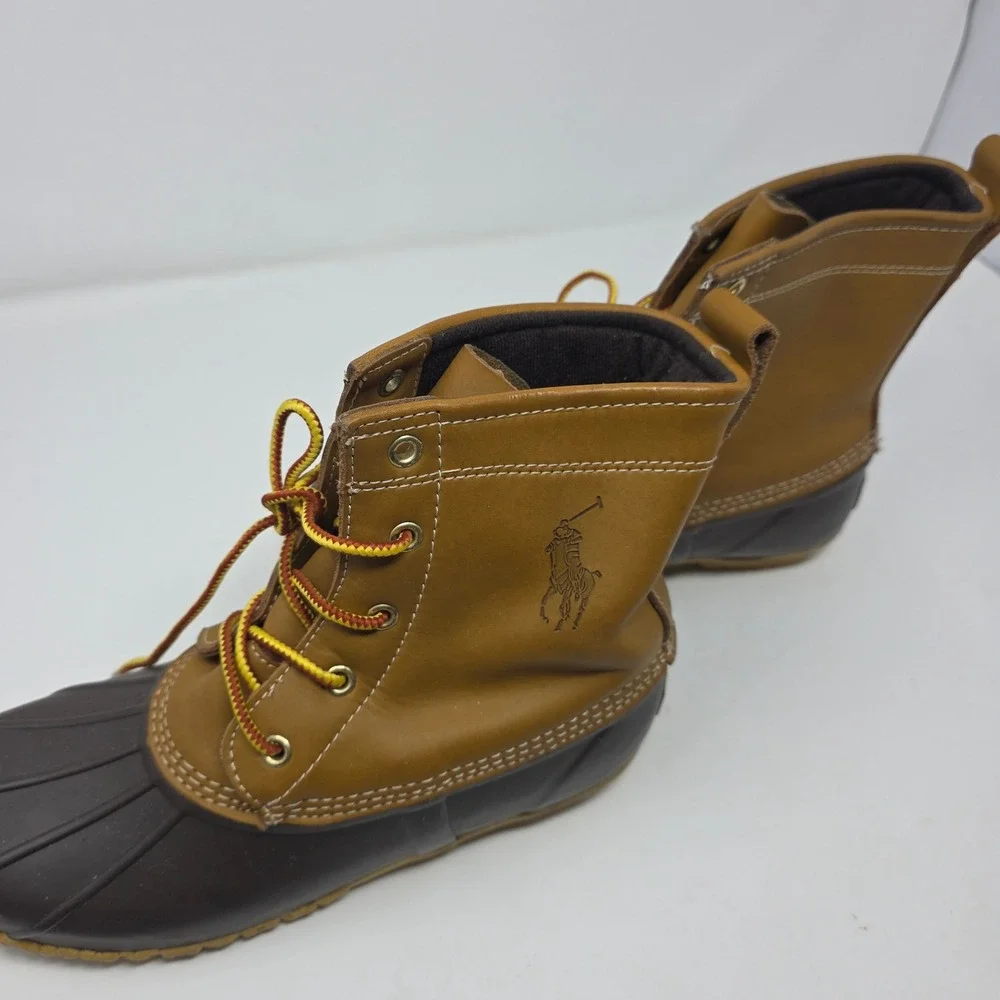 Polo Ralph Lauren Duck Boots Mens Sz 6 Ewan Leather Rubber Shell Brown Tan Boots